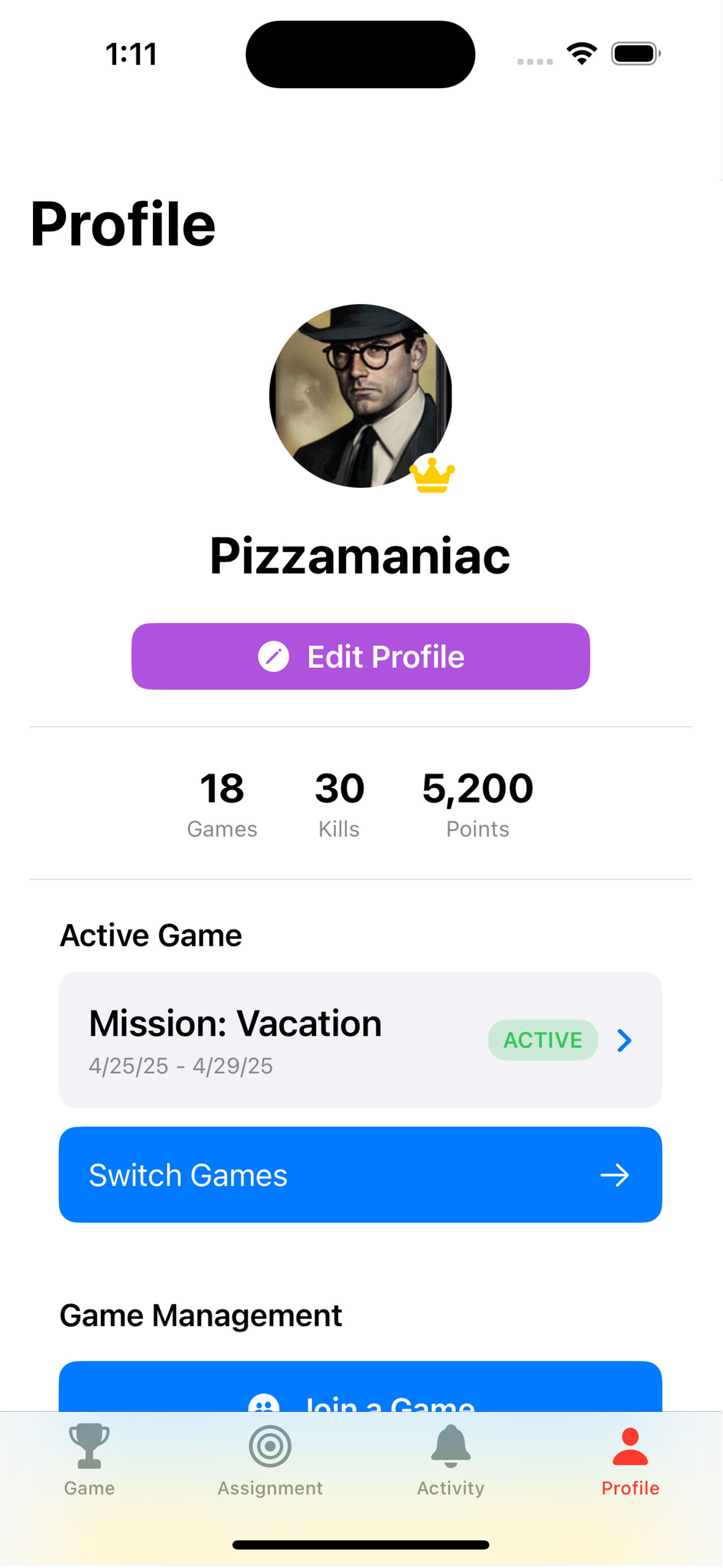 AssassinGo Profile Screen